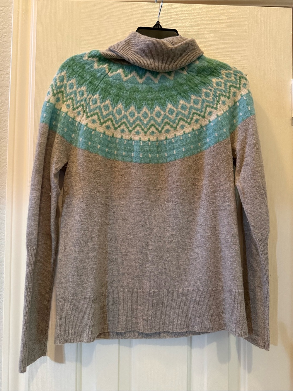 Sundance Gray Turtleneck Sweater with Teal Fair Isle Yoke